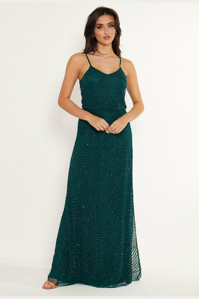 Viviana Emerald Green Cami Sequin Stripe Embellished Maxi Dress - Aftershock London