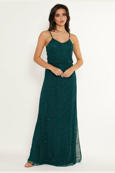 Viviana Emerald Green Cami Sequin Stripe Embellished Maxi Dress