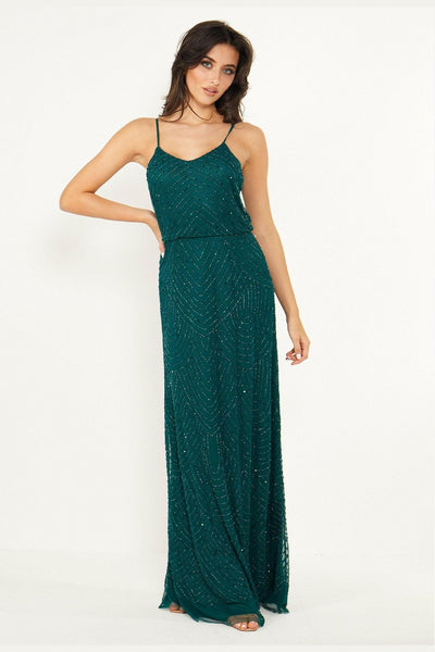 Viviana Emerald Green Cami Sequin Stripe Embellished Maxi Dress - Aftershock London