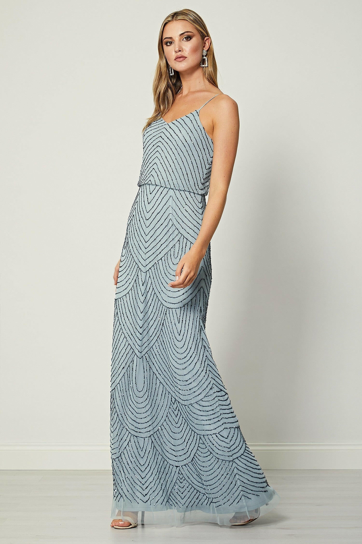 Viviana Blue Cami Sequin Stripe Embellished Maxi Dress