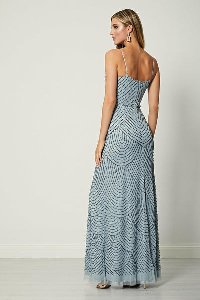 Viviana Blue Cami Sequin Stripe Embellished Maxi Dress - Aftershock London