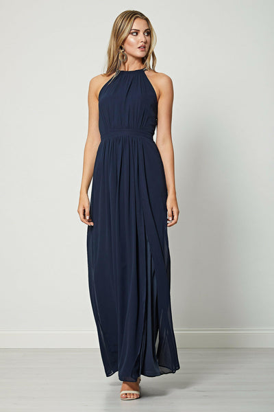 Angelina Navy Beaded Halterneck Maxi Dress - Aftershock London