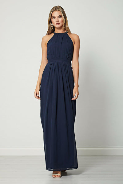 Angelina Navy Beaded Halterneck Maxi Dress