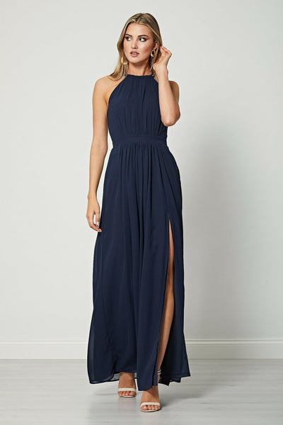 Angelina Navy Beaded Halterneck Maxi Dress - Aftershock London