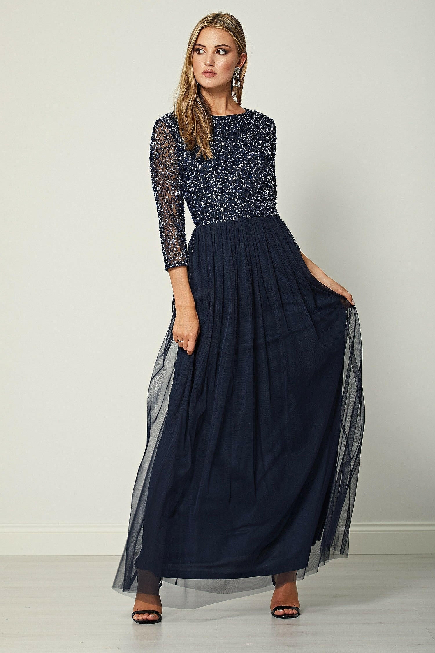 Valentina Navy Embellished Sequin Long Sleeve Maxi Dress