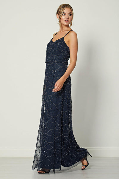 Eva Navy Cami Sequin Beaded Maxi Dress - Aftershock London