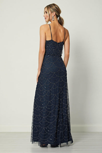 Eva Navy Cami Sequin Beaded Maxi Dress - Aftershock London