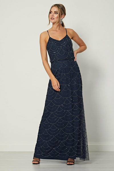 Eva Navy Cami Sequin Beaded Maxi Dress - Aftershock London