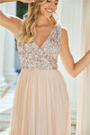 Valeria Blush Sequin Detailed V Neck Top Tiered Bridesmaid Dress