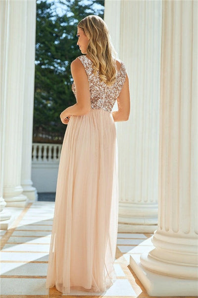 Valeria Blush Sequin Detailed V Neck Top Tiered Bridesmaid Dress