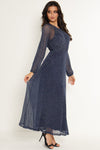 Zeta Blue Sparkly Lurex Flickering Chiffon Long Sleeve Maxi Dress