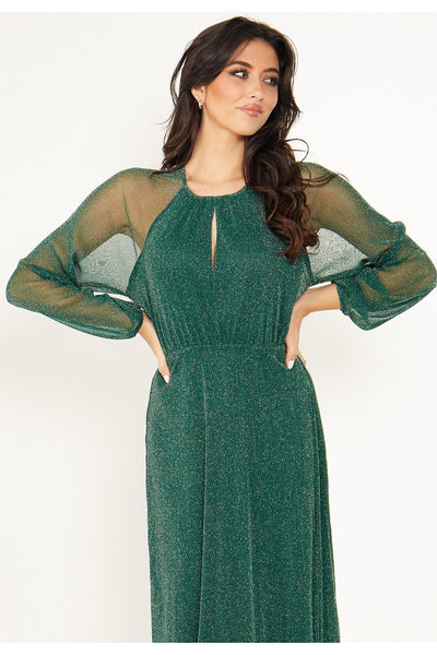 Zeta Green Sparkly Lurex Flickering Chiffon Long Sleeve Maxi Dress