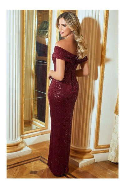 Rubia Berry Sequin Bardot Neck Maxi Dress