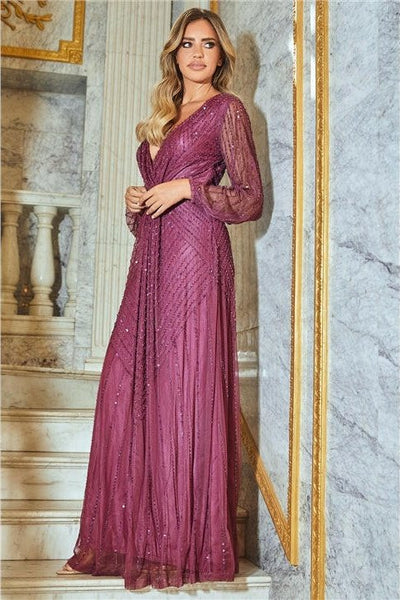 Amber Berry V Neck Beaded Full Sleeve Maxi Dress